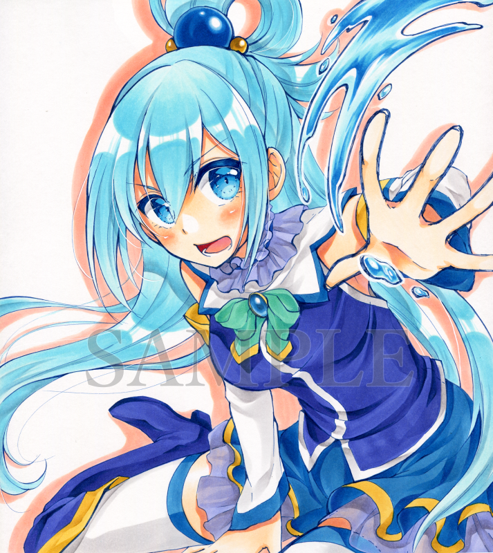 aqua_(konosuba) aqua_eyes aqua_hair blue_legwear boots breasts detached_sleeves dress foreshortening hair_bobbles hair_ornament hair_rings kono_subarashii_sekai_ni_shukufuku_wo! long_hair looking_at_viewer medium_breasts miniskirt open_mouth outstretched_hand parune_chigetsu ponytail sample simple_background skirt solo thighhighs water white_background white_legwear zettai_ryouiki