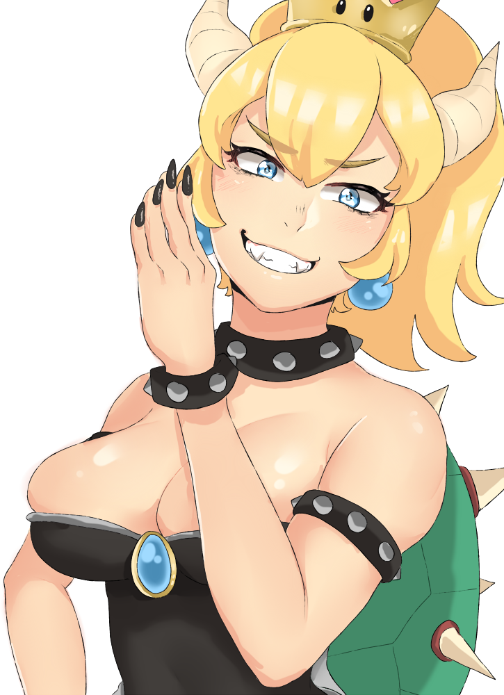 bangs black_dress black_nails blonde_hair blue_eyes blush bowsette bracelet breasts brooch cleavage collar commentary_request crown dress earrings eyebrows_visible_through_hair fingernails grin hair_between_eyes hand_up head_tilt hikikomoriamy horns jewelry looking_at_viewer mario_(series) medium_breasts nail_polish new_super_mario_bros._u_deluxe outline sharp_fingernails sharp_teeth shiny shiny_hair shiny_skin sidelocks simple_background smile solo spiked_bracelet spiked_collar spiked_shell spikes super_crown teeth upper_body white_background