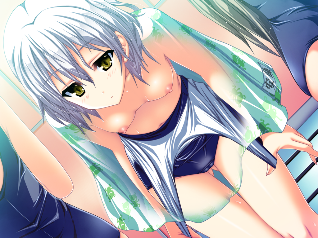 akaza andou_roza breasts game_cg green_eyes henshin_3 may-be_soft nipples school_swimsuit see_through short_hair swimsuit undressing white_hair