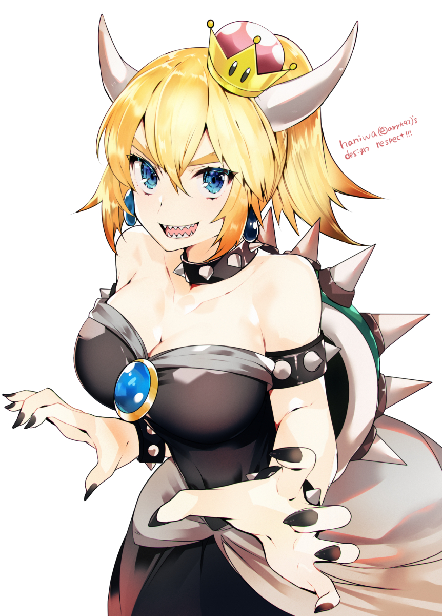 :d bangs banned_artist bare_shoulders black_dress black_nails blonde_hair blue_eyes bowsette bracelet breasts cleavage collar commentary_request crown dress earrings english fingernails hair_between_eyes highres horns jewelry large_breasts long_hair looking_at_viewer mario_(series) mini_crown nail_polish new_super_mario_bros._u_deluxe open_mouth ponytail sharp_teeth simple_background smile solo spiked_bracelet spiked_collar spiked_shell spikes strapless strapless_dress super_crown teeth tetsubuta turtle_shell twitter_username v-shaped_eyebrows white_background