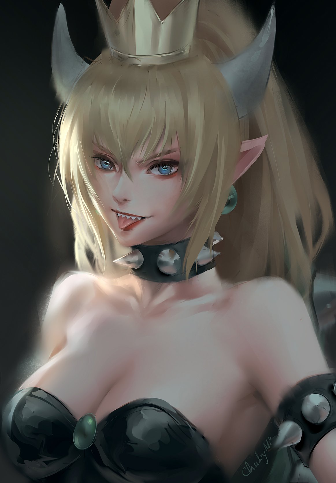 armlet bangs bare_shoulders black_dress blonde_hair blue_eyes borrowed_design bowsette breasts chuby_mi cleavage collar collarbone commentary crown dress earrings hair_between_eyes highres horns jewelry large_breasts looking_at_viewer mario_(series) new_super_mario_bros._u_deluxe open_mouth pointy_ears ponytail sharp_teeth spiked_collar spikes strapless strapless_dress super_crown super_mario_bros. teeth tongue tongue_out turtle_shell