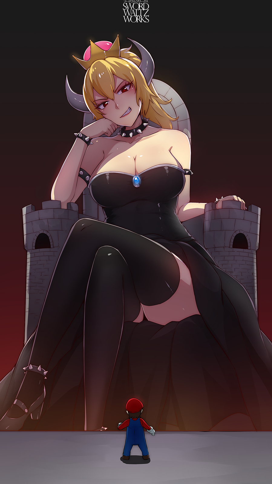 anklet armlet artist_name bare_shoulders black_dress black_legwear blonde_hair bowsette bracelet breasts brown_hair castle collar commentary crossed_legs crown dress giantess gloves hat high_heels highres horns jewelry large_breasts mario mario_(series) new_super_mario_bros._u_deluxe overalls red_eyes red_hat sitting smirk spiked_anklet spiked_armlet spiked_bracelet spiked_collar spikes standing super_crown super_mario_bros. swordwaltz thighhighs white_gloves