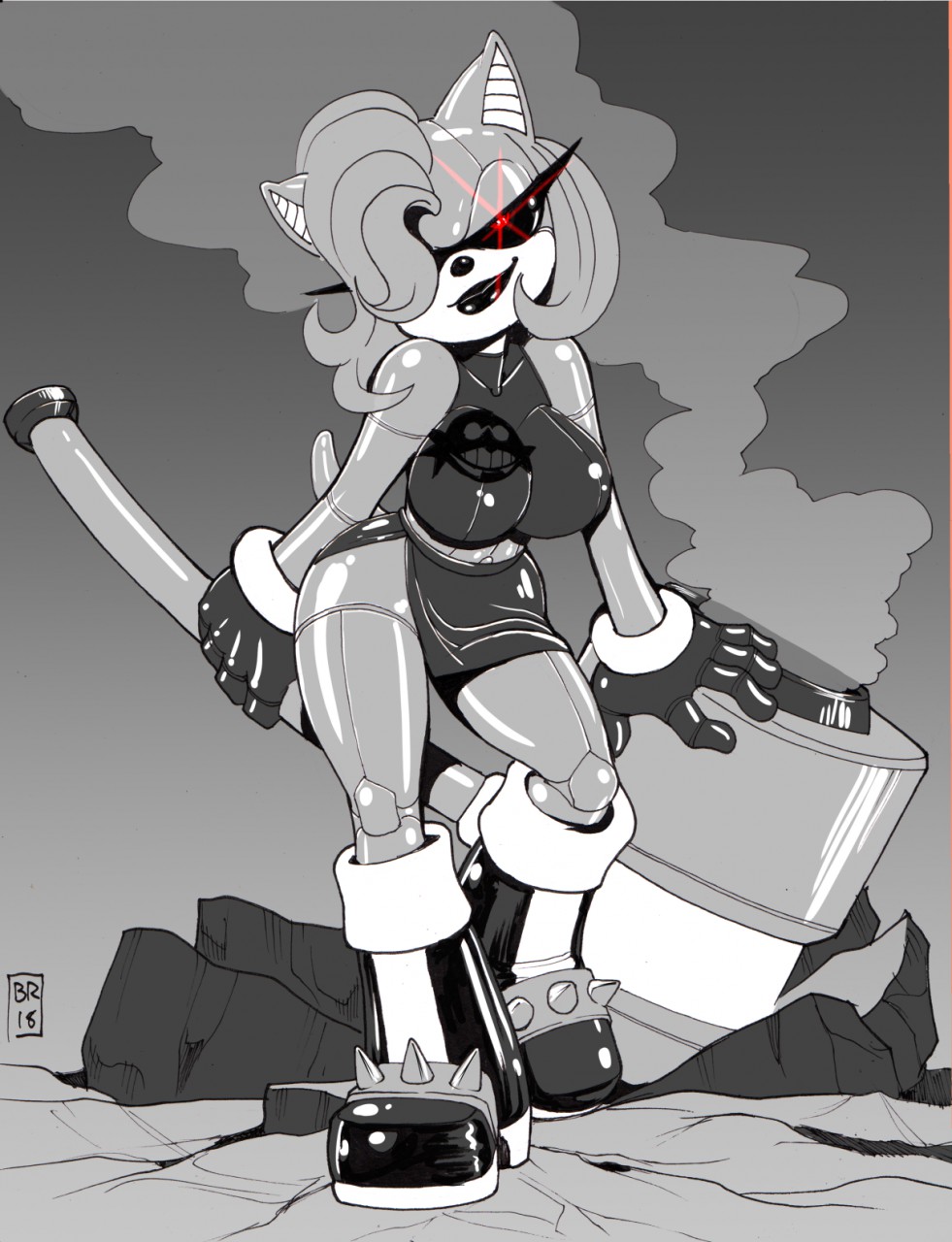 2018 alternate_species amy_rose anthro big_breasts boots breasts clothed clothing dress eyewear female footwear fully_clothed gloves greyscale hair hair_over_eye hammer hedgehog hi_res holding_object looking_at_viewer machine mammal max_blackrabbit monochrome piko_piko_hammer robot roboticized simple_background smile solo sonic_(series) spot_color standing sunglasses tools