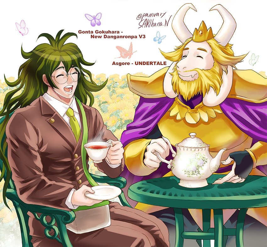 armor arthropod asgore_dreemurr beard beverage butterfly cape caprine chair clothed clothing crossover crown danganronpa danganronpa_v3 eyes_closed eyewear facial_hair glasses goat gonta_gokuhara hair happy headgear horn human insect king long_hair male mammal manly necktie open_mouth pamvary pants royalty sharp_teeth sitting smile suit tea teapot teeth tongue undertale video_games