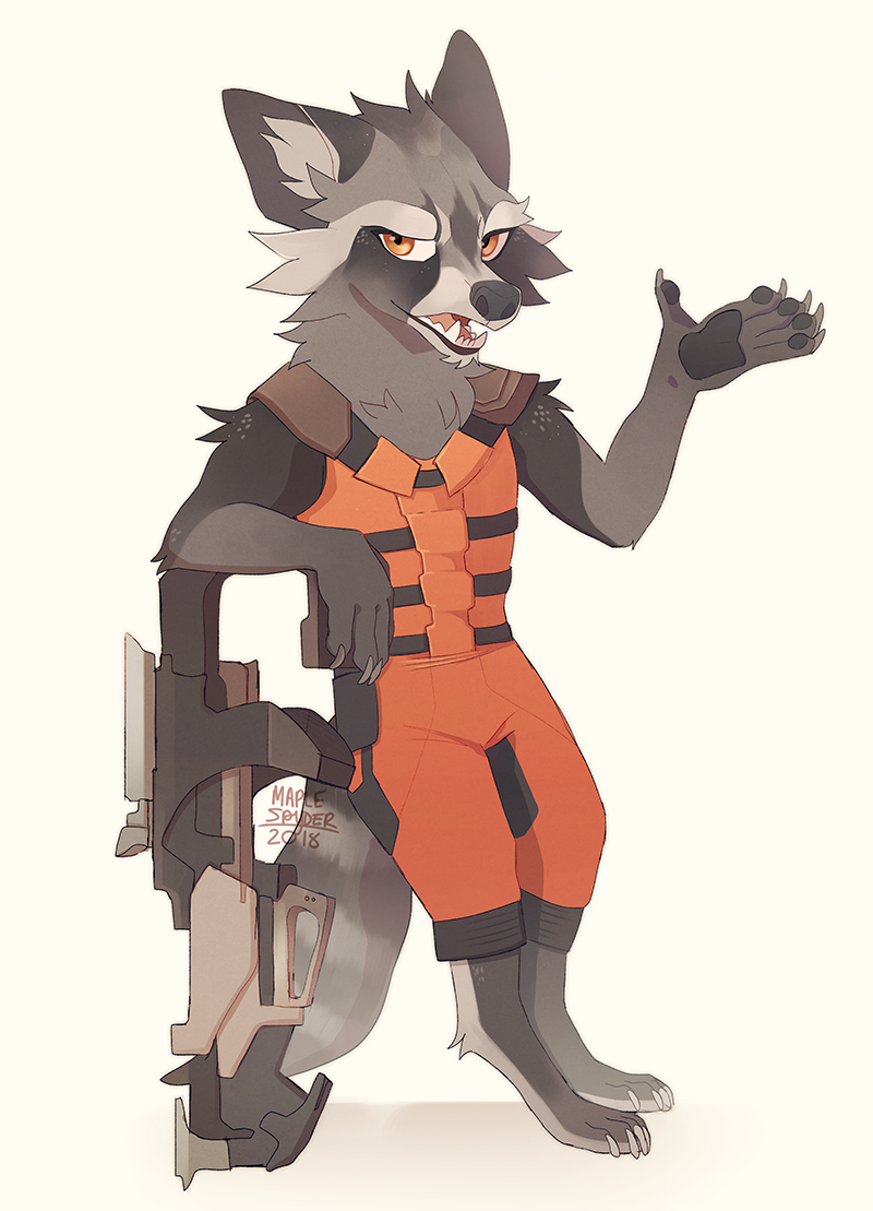 2018 barefoot digital_media_(artwork) digitigrade guardians_of_the_galaxy mammal maplespyder marvel open_mouth orange_eyes procyonid raccoon rocket_raccoon simple_background solo standing teeth tongue white_background