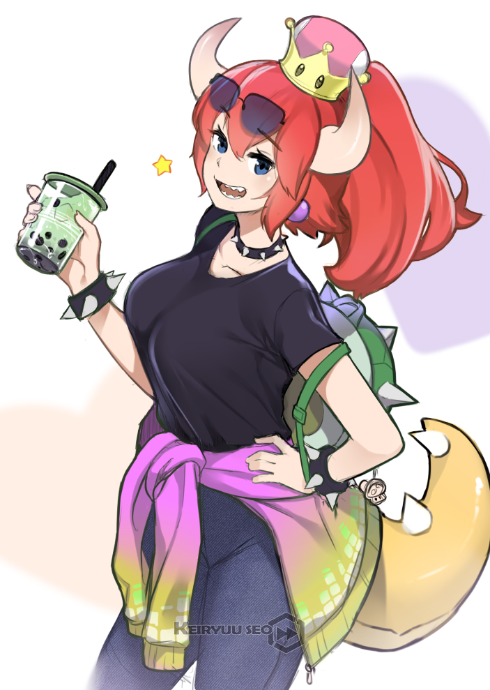 alternate_color alternate_hair_color backpack bag black_shirt blue_eyes bowsette bracelet breasts bubble_tea casual clothes_around_waist collar commentary contemporary crown cup denim disposable_cup english_commentary eyewear_on_head gradient_clothes hand_on_hip holding holding_cup horns jeans jewelry looking_at_viewer mario_(series) new_super_mario_bros._u_deluxe paavuchi pants ponytail red_hair sharp_teeth shirt simple_background solo spiked_bracelet spiked_collar spikes sunglasses super_crown sweater_around_waist t-shirt tail teeth