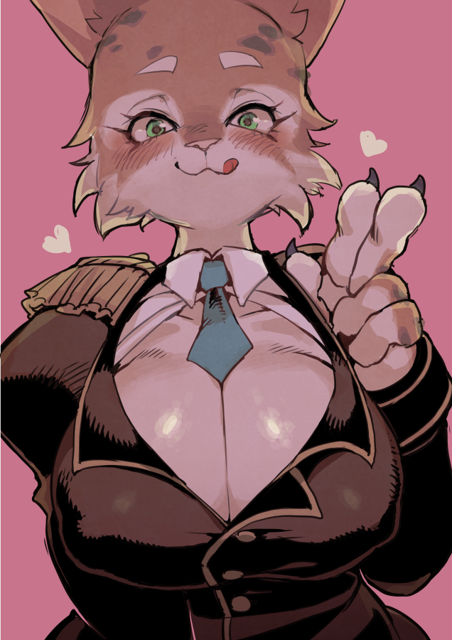 &lt;3 2018 big_breasts breasts claws cleavage clothed clothing epaulette feline female fully_clothed green_eyes kemono licking licking_lips looking_at_viewer mammal necktie nipple_bulge pink_background pink_nose ricosye simple_background smile solo suit tongue tongue_out v_sign