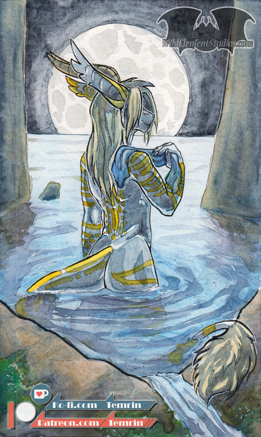 anthro bath bathing blond-hair dragon gold-scales gold-skin horn male moon moonlight night outside painting public scalie sea teasing temrin traditional_media_(artwork) water watercolor_(artwork) white-scales white-skin