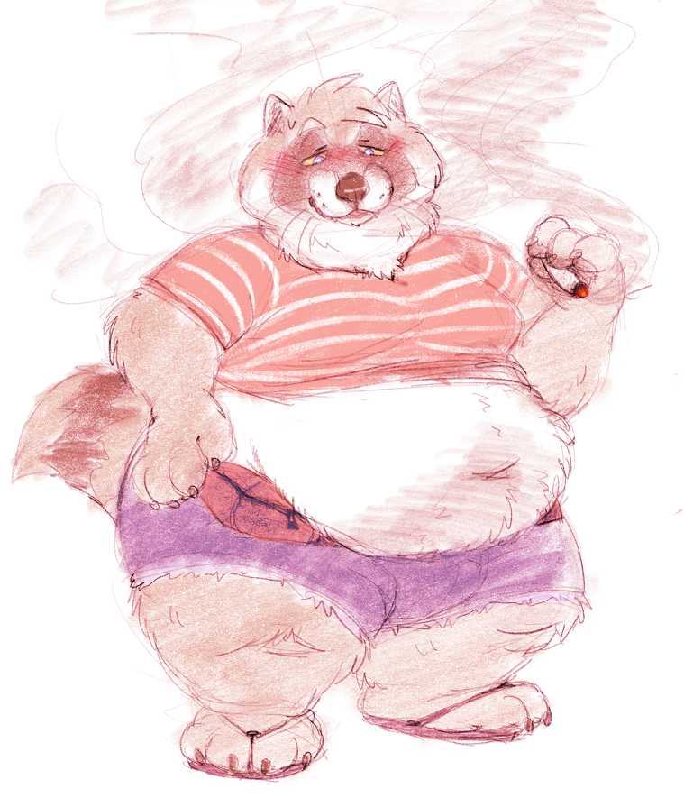 2018 ambiguous_gender anthro belly berlin big_belly blue_eyes blush brown_fur chubby_cheeks claws clothing drugs fur mammal marijuana navel obese overweight procyonid raccoon simple_background smoking solo standing toe_claws whiskers white_background yellow_sclera