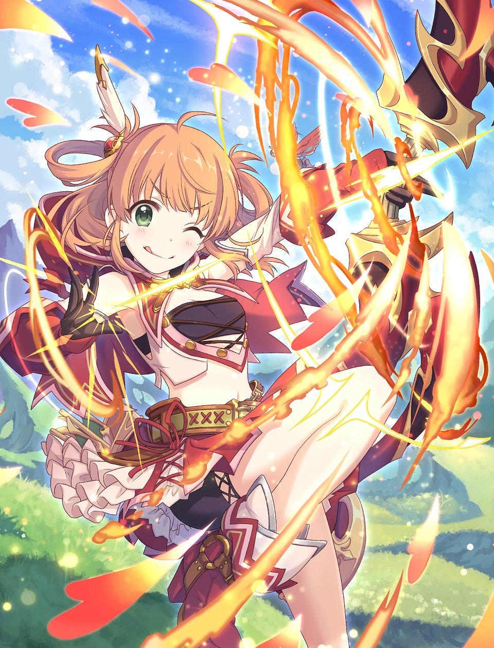 1girl :p belt bike_shorts boots bow_(weapon) breasts cleavage cloud detached_sleeves fire gloves green_eyes hair_ornament hair_rings highres inosaki_rino leg_up looking_at_viewer medium_breasts midriff mountain navel official_art orange_hair princess_connect! quiver shorts shorts_under_skirt solo tongue tongue_out weapon