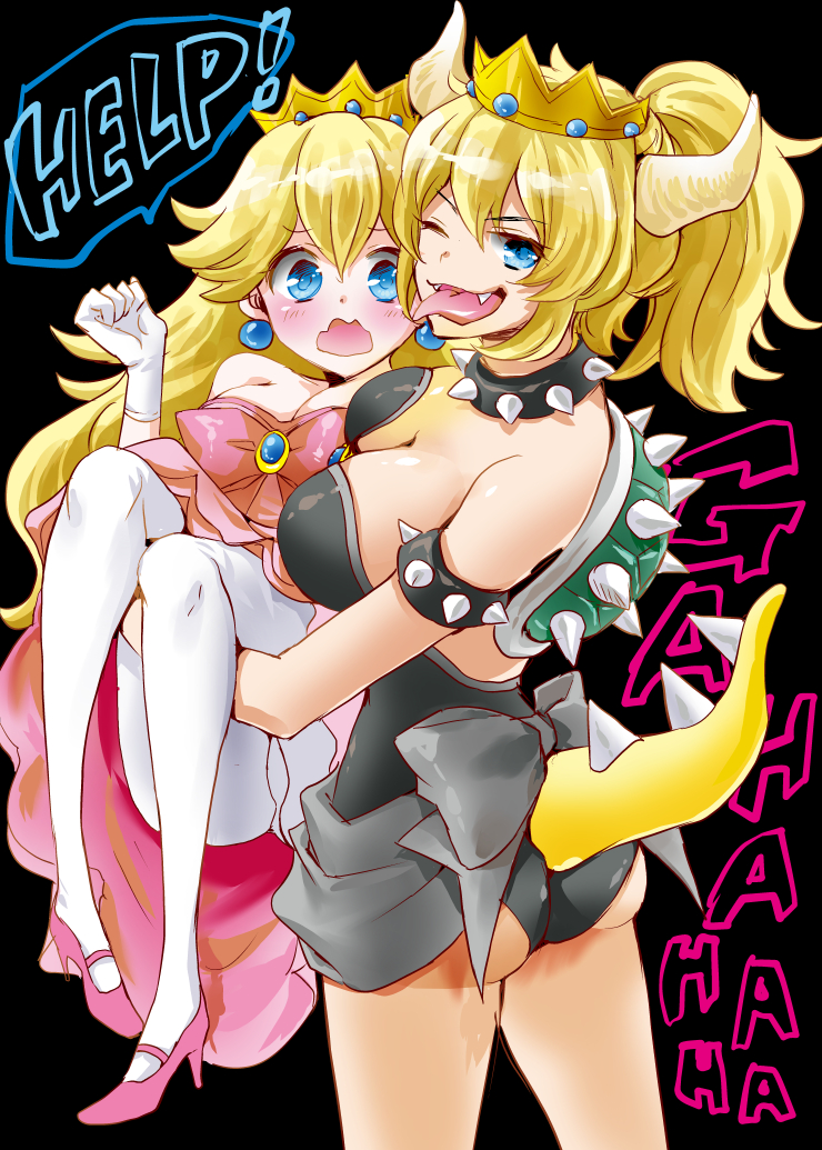 ass background_text bare_arms bare_shoulders black_background black_collar blonde_hair blue_earrings blue_eyes blush bowsette breasts carrying choker cleavage collar commentary crown dress earrings english fangs help horns jewelry laughing leotard_under_clothes long_tongue looking_at_viewer mario_(series) multiple_girls new_super_mario_bros._u_deluxe one_eye_closed open_mouth pantyhose pink_dress princess princess_carry princess_peach sash shinogiri_zun silver_trim slim_legs speech_bubble spiked_armlet spiked_choker spiked_collar spiked_shell spiked_tail spikes super_mario_bros. tail tongue tongue_out turtle_shell wavy_mouth white_legwear yuri