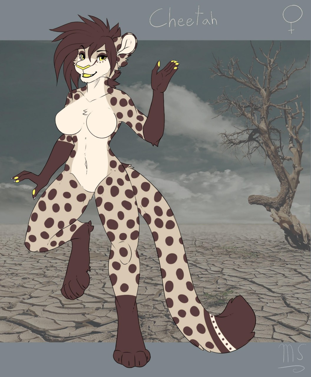 2018 4_toes 5_fingers anthro big_breasts biped breasts cheetah claws desert english_text eyebrows featureless_breasts feline female hair humanoid_hands long_hair looking_at_viewer mammal mysticsolstice navel nude open_mouth standing teeth text toe_claws toes tongue tree waving zeliska