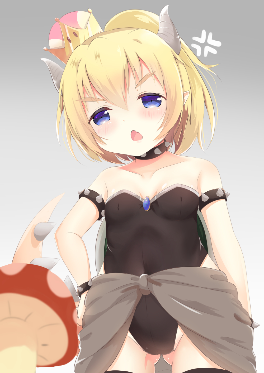 anger_vein ass_visible_through_thighs bangs bare_shoulders black_legwear black_leotard blonde_hair blue_eyes blurry_foreground bowsette bracelet breasts collar collarbone covered_navel crown eyebrows_visible_through_hair fang gradient gradient_background grey_background hair_between_eyes hand_on_hip head_tilt high_ponytail highres horns jewelry kittipat_jituatakul leotard looking_at_viewer mario_(series) mini_crown mushroom new_super_mario_bros._u_deluxe open_mouth ponytail small_breasts solo spiked_bracelet spiked_collar spiked_tail spikes strapless strapless_leotard super_crown tail thighhighs tilted_headwear v-shaped_eyebrows white_background