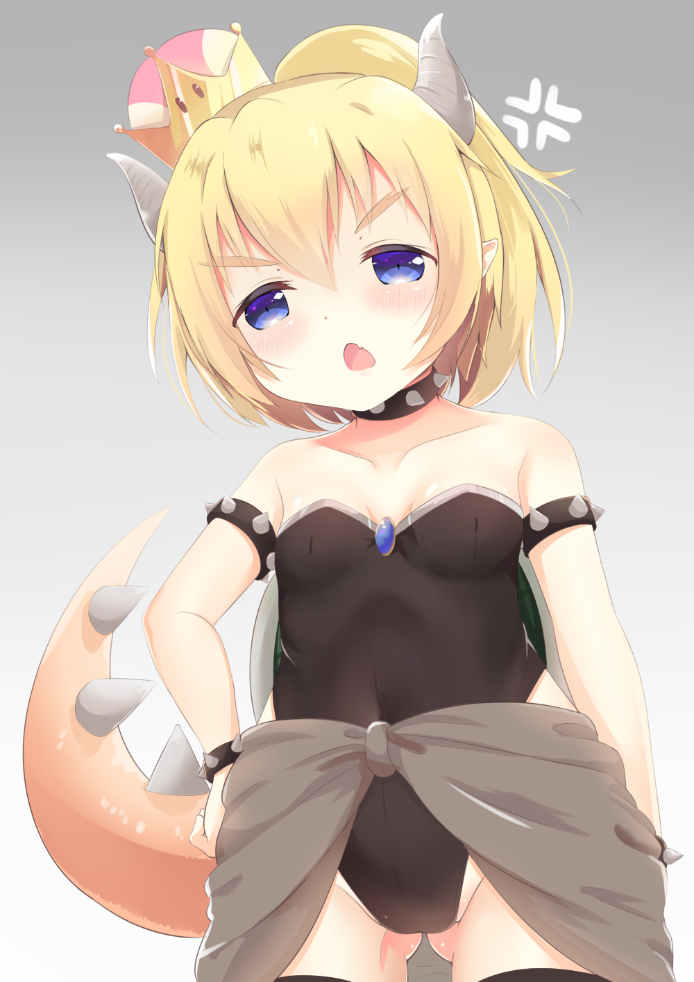 anger_vein ass_visible_through_thighs bangs bare_shoulders black_legwear black_leotard blonde_hair blue_eyes bowsette bracelet breasts collar collarbone covered_navel crown eyebrows_visible_through_hair fang gradient gradient_background grey_background hair_between_eyes hand_on_hip head_tilt high_ponytail highres horns jewelry kittipat_jituatakul leotard looking_at_viewer mario_(series) mini_crown new_super_mario_bros._u_deluxe open_mouth ponytail small_breasts solo spiked_bracelet spiked_collar spiked_tail spikes strapless strapless_leotard super_crown tail thighhighs tilted_headwear v-shaped_eyebrows white_background