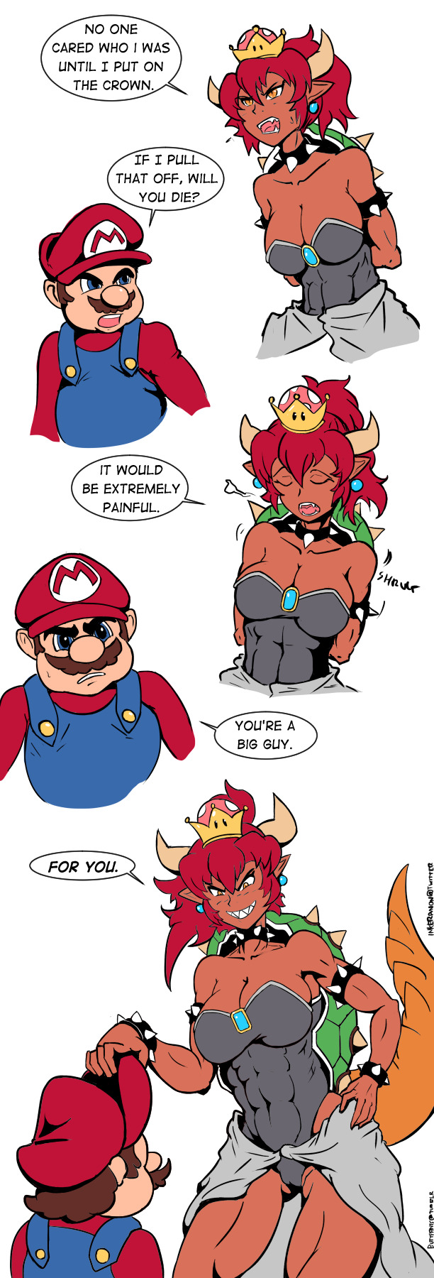 &gt;:) 1girl abs artist_name bare_shoulders batman_(series) blue_eyes bowsette bracelet breasts brown_hair buttpants collar collarbone commentary crown dark_skin earrings english english_commentary facial_hair fang gloves grin hand_on_hip hat height_difference highres horns jewelry leotard long_hair mario mario_(series) meme muscle muscular_female mustache new_super_mario_bros._u_deluxe open_mouth orange_eyes overalls ponytail red_hair sharp_teeth shell simple_background size_difference smile spiked_bracelet spiked_collar spikes super_crown super_mario_bros. tail teeth the_dark_knight_rises waist_cape white_background
