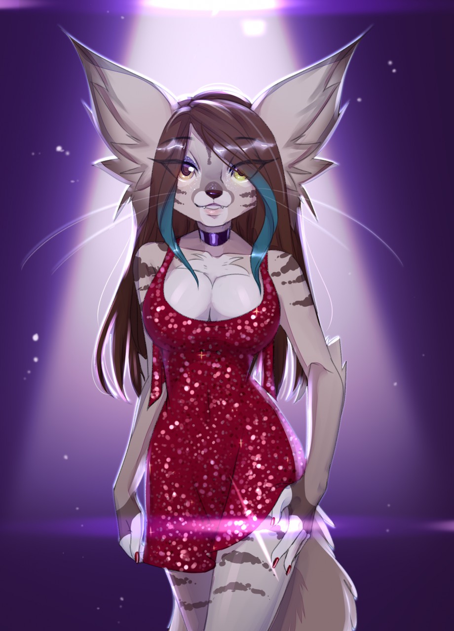 anthro breasts canine choker clothed clothing dress female fennec fox looking_at_viewer makeup mammal mascara smile solo standing tavin wide_hips