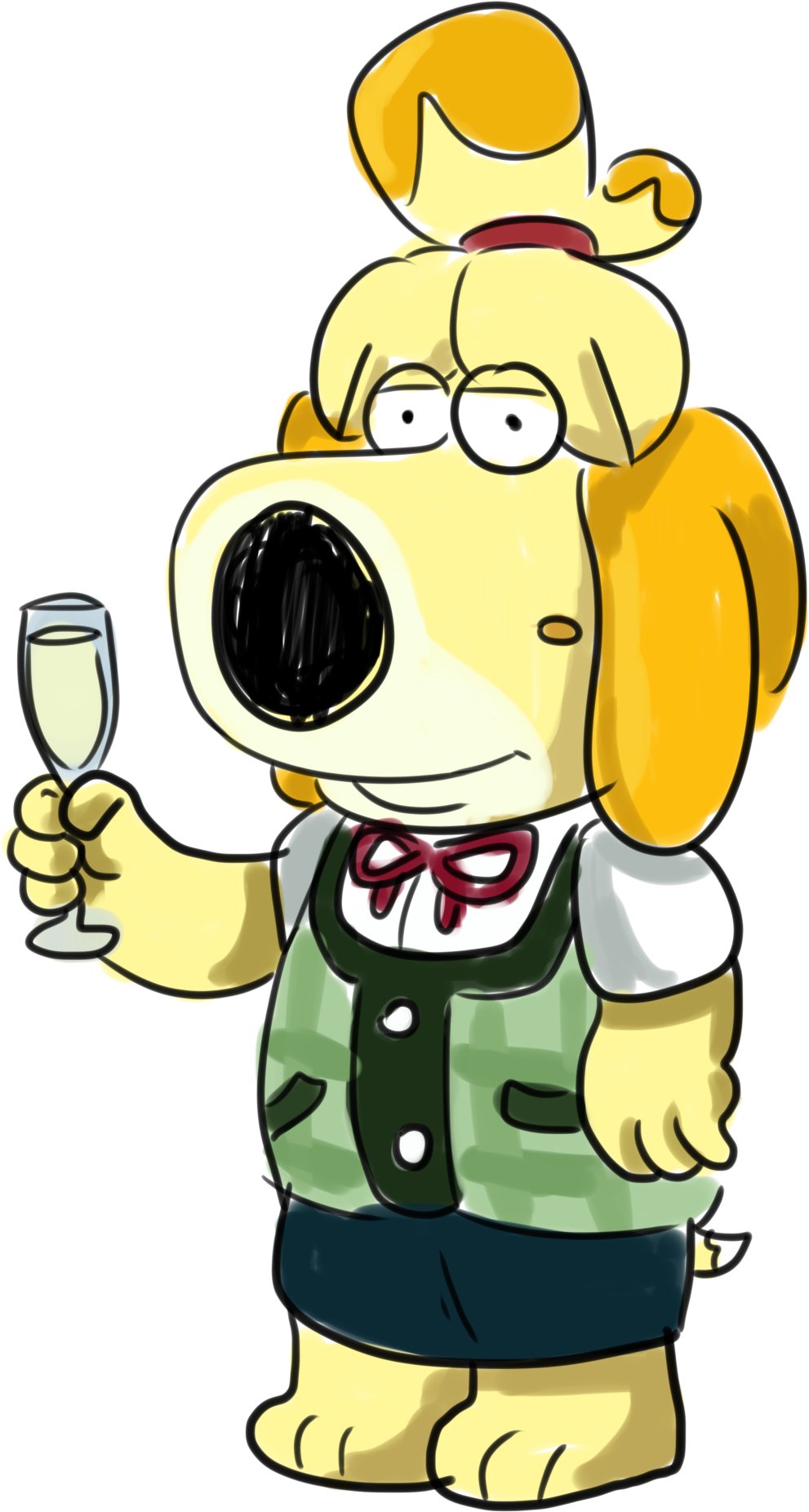 2018 ambiguous_gender animal_crossing anthro brian_griffin canine clothed clothing dog family_guy floppy_ears front_view fur fusion isabelle_(animal_crossing) mammal mengos multicolored_fur nintendo rosy_cheeks shih_tzu simple_background skirt standing video_games white_background yellow_fur