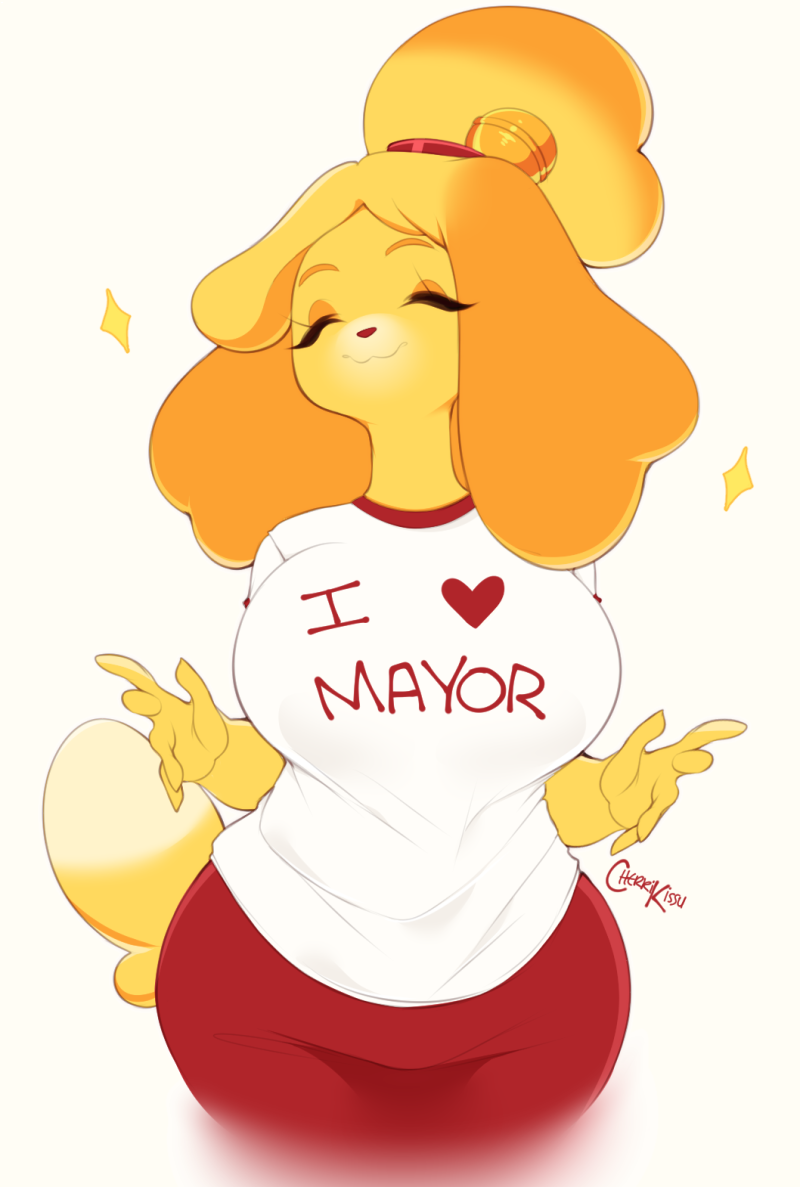 2018 animal_crossing anthro bell blonde_hair canine cherrikissu clothed clothing digital_media_(artwork) dog english_text eyes_closed female hair isabelle_(animal_crossing) mammal nintendo shih_tzu signature smile solo text video_games