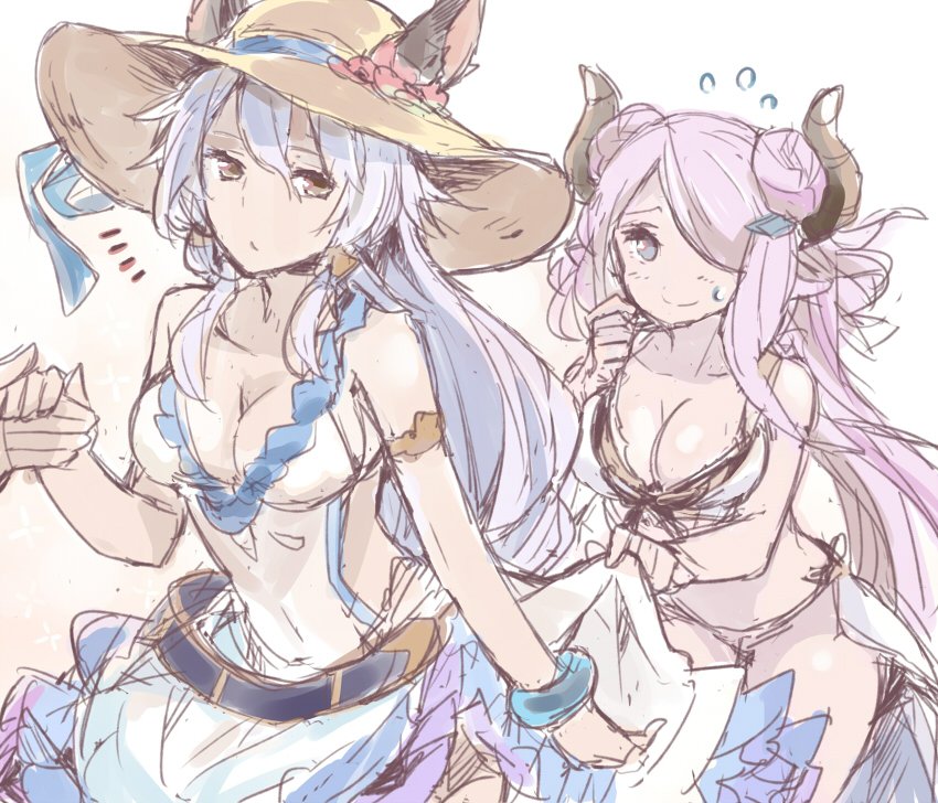 2girls bare_arms bare_shoulders beige_hat blue_eyes breasts brown_eyes brown_horns cleavage closed_mouth commentary_request eye_contact flying_sweatdrops furrowed_eyebrows granblue_fantasy hair_between_eyes hair_over_one_eye hand_up hat heles horns large_breasts lavender_hair leaning_forward long_hair looking_at_another looking_back medium_breasts multiple_girls narmaya_(granblue_fantasy) silver_hair simple_background sketch smile toromera white_background