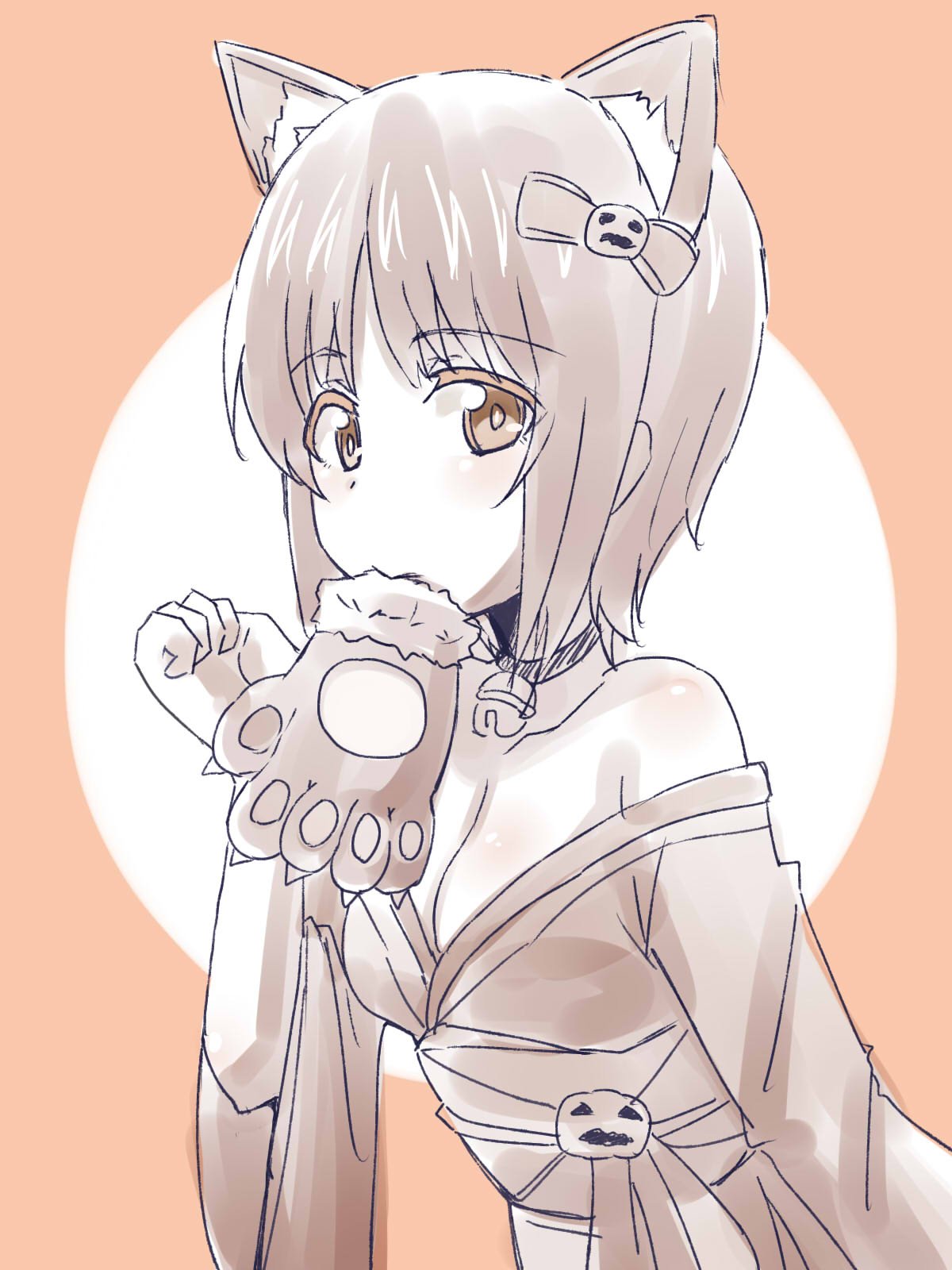1girl :&gt; animal_ear_fluff animal_ears aster90 bangs bare_shoulders bell bell_choker breasts bright_pupils cat_ears cat_girl choker circle cleavage closed_mouth commentary_request copyright_request eyebrows_visible_through_hair eyes_visible_through_hair hand_up highres japanese_clothes kimono light_blush long_sleeves looking_at_viewer medium_breasts mouth_hold obi off-shoulder_kimono off_shoulder orange_(color) sash short_hair solo upper_body wide_sleeves