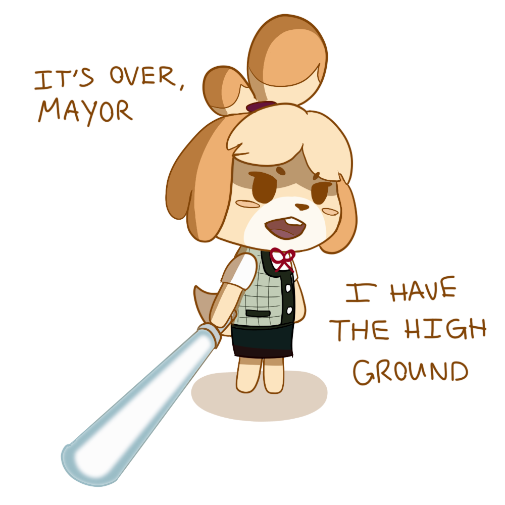 animal_crossing anthro barefoot buckteeth canine clothed clothing crossover dialogue dog english_text female floppy_ears fur isabelle_(animal_crossing) lightsaber mammal nintendo open_mouth revenge_of_the_sith rosy_cheeks shih_tzu shirt simple_background skirt solo standing star_wars teeth text tongue uncle-scoob video_games white_background