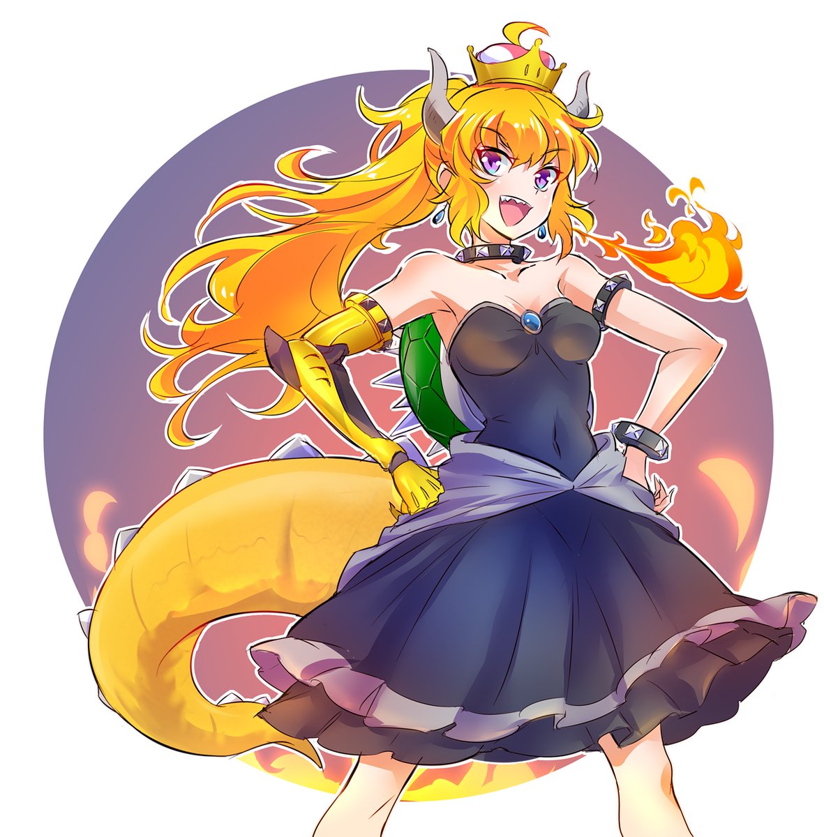 &gt;:d 1girl :d arm armlet asymmetrical_arms bare_shoulders big_tail black_dress blonde_hair bowsette bowsette_(cosplay) bracelet breasts cleavage collar cosplay covered_navel crown dress earrings evil_smile feet_out_of_frame female fire floating_hair hands_on_hips highres horns iesupa jewelry large_tail long_hair looking_at_viewer mario_(series) mechanical_arm medium_breasts monster_girl naughty_face nintendo open_mouth ponytail prosthesis prosthetic_arm purple_eyes rwby sharp_teeth shell smile spiked_armlet spiked_bracelet spiked_collar spiked_shell spikes standing super_crown tail teeth upper_teeth yang_xiao_long