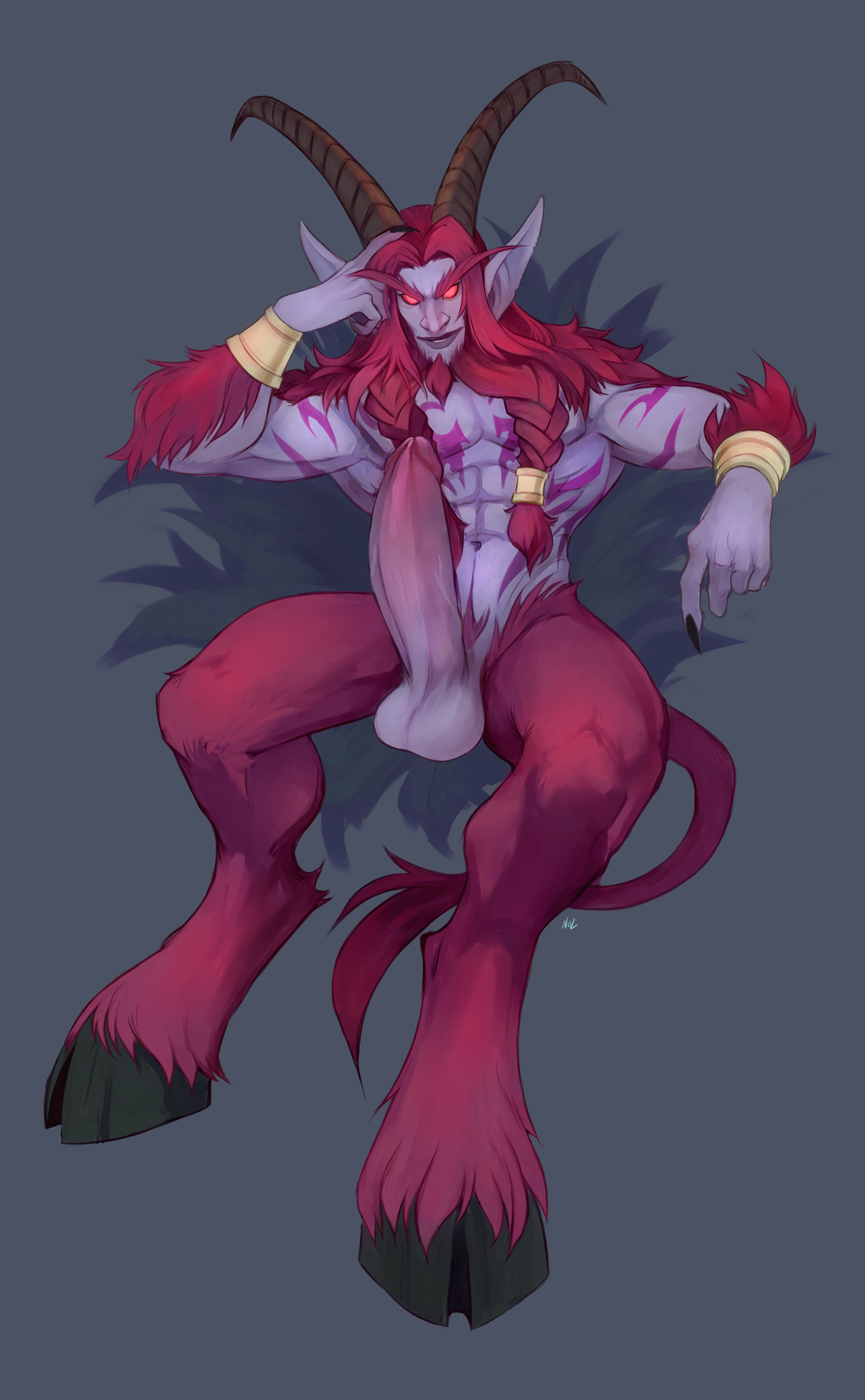 balls beard braided_hair erection facial_hair goatee hair hooves horn long_ears long_hair male markings muscular navel not_furry penis pointy_ears satyr smutpot solo video_games warcraft