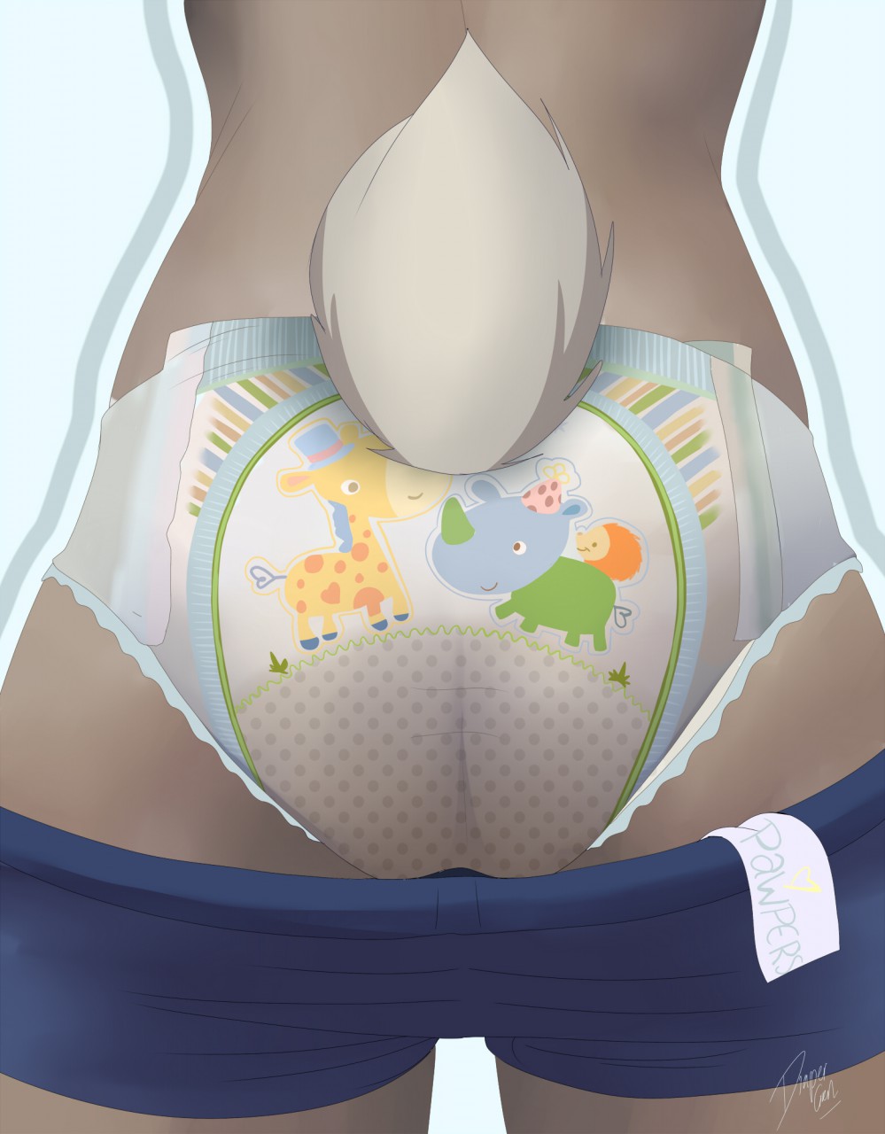 ambiguous_gender anthro biped butt butt_focus clothed clothing diaper english_text fur hi_res mistydash pants_down partially_clothed rear_view solo species_request text
