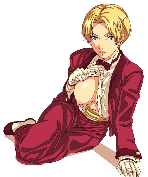 androgynous blonde_hair bow bowtie breasts crossdressing gloves king_(snk) large_breasts md5_mismatch no_bra open_clothes open_shirt ryuuko_no_ken shirt short_hair solo the_king_of_fighters tuxedo wankoro_mochi