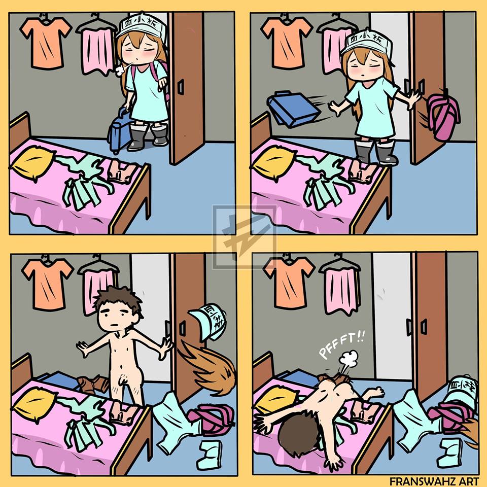 artist_name bag bed bedroom black_footwear blush boots border brown_hair closed_eyes closed_mouth clothes_hanger clothes_writing comic cosplay crossdressing door english fart flaccid franswahz_art hat hataraku_saibou long_hair male_focus messy_room nipples nude open_door opening_door orange_border penis platelet_(hataraku_saibou) platelet_(hataraku_saibou)_(cosplay) rubber_boots shirt short_sleeves silent_comic solo source_request testicles uncensored watermark wig