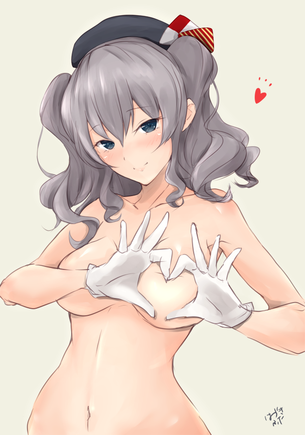 beret blue_eyes blush breasts brown_background collarbone commentary_request eyebrows_visible_through_hair flying_heart gloves hat hazuki_futahi heart-shaped_boob_challenge kantai_collection kashima_(kantai_collection) large_breasts long_hair looking_at_viewer navel nude sidelocks signature silver_hair simple_background smile solo stomach tsurime twintails wavy_hair white_gloves