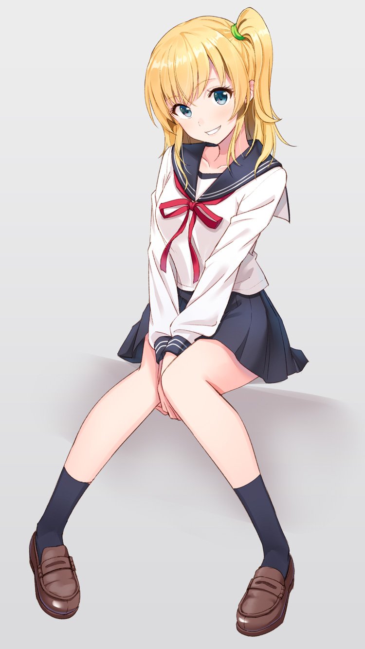 blonde_hair blue_eyes blush breasts collarbone eyebrows_visible_through_hair full_body highres hyuuga_azuri long_sleeves looking_at_viewer medium_breasts medium_hair navy_blue_legwear navy_blue_sailor_collar navy_blue_skirt original parted_lips red_ribbon ribbon sailor_collar school_uniform short_ponytail side_ponytail sitting skirt smile socks solo