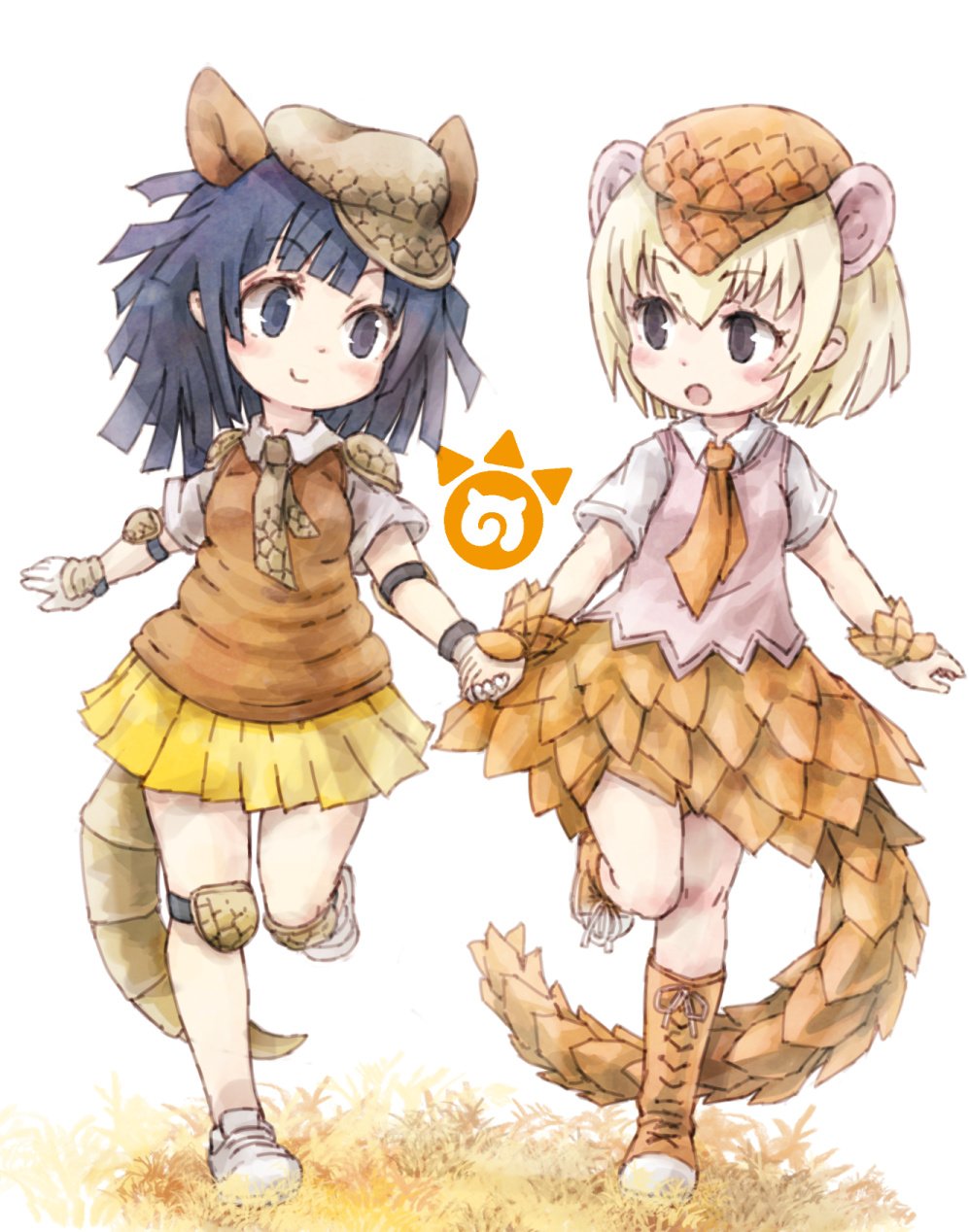 2girls armadillo_ears armadillo_tail armor blonde_hair blue_eyes blue_hair blush boots cabbie_hat collared_shirt commentary_request elbow_pads extra_ears eyebrows_visible_through_hair full_body giant_armadillo_(kemono_friends) giant_pangolin_(kemono_friends) hand_holding hat highres japari_symbol kemono_friends knee_pads kolshica multiple_girls necktie pangolin_ears pangolin_tail pleated_skirt scales shirt shoes short_hair short_sleeves skirt sneakers vest wrist_cuffs
