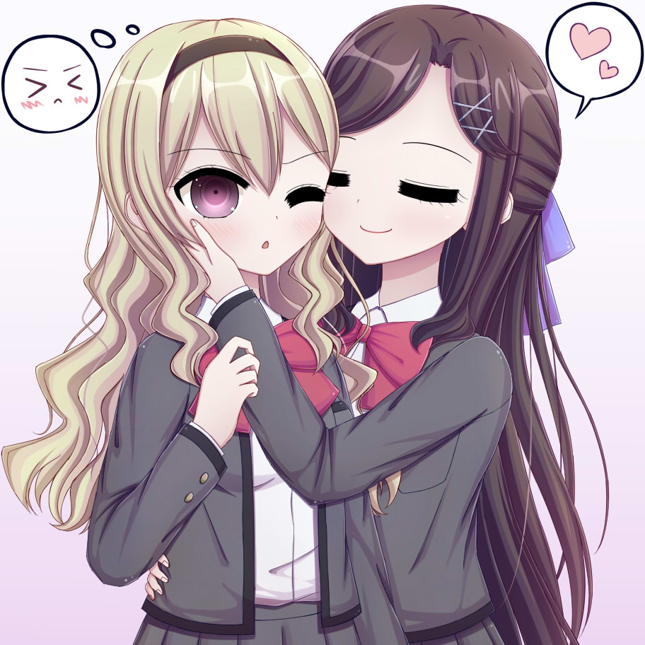 bangs big_eyes blazer blonde_hair blush bow brown_hair brown_hairband chestnut_mouth closed_eyes closed_mouth commentary_request ears_visible_through_hair eyebrows_visible_through_hair grey_jacket hair_ornament hairband hairpin hand_on_another's_face heart henyosou jacket long_hair multiple_girls one_eye_closed pleated_skirt purple_eyes red_bow red_neckwear saijou_claudine shirt shoujo_kageki_revue_starlight skirt tendou_maya white_background white_shirt yuri