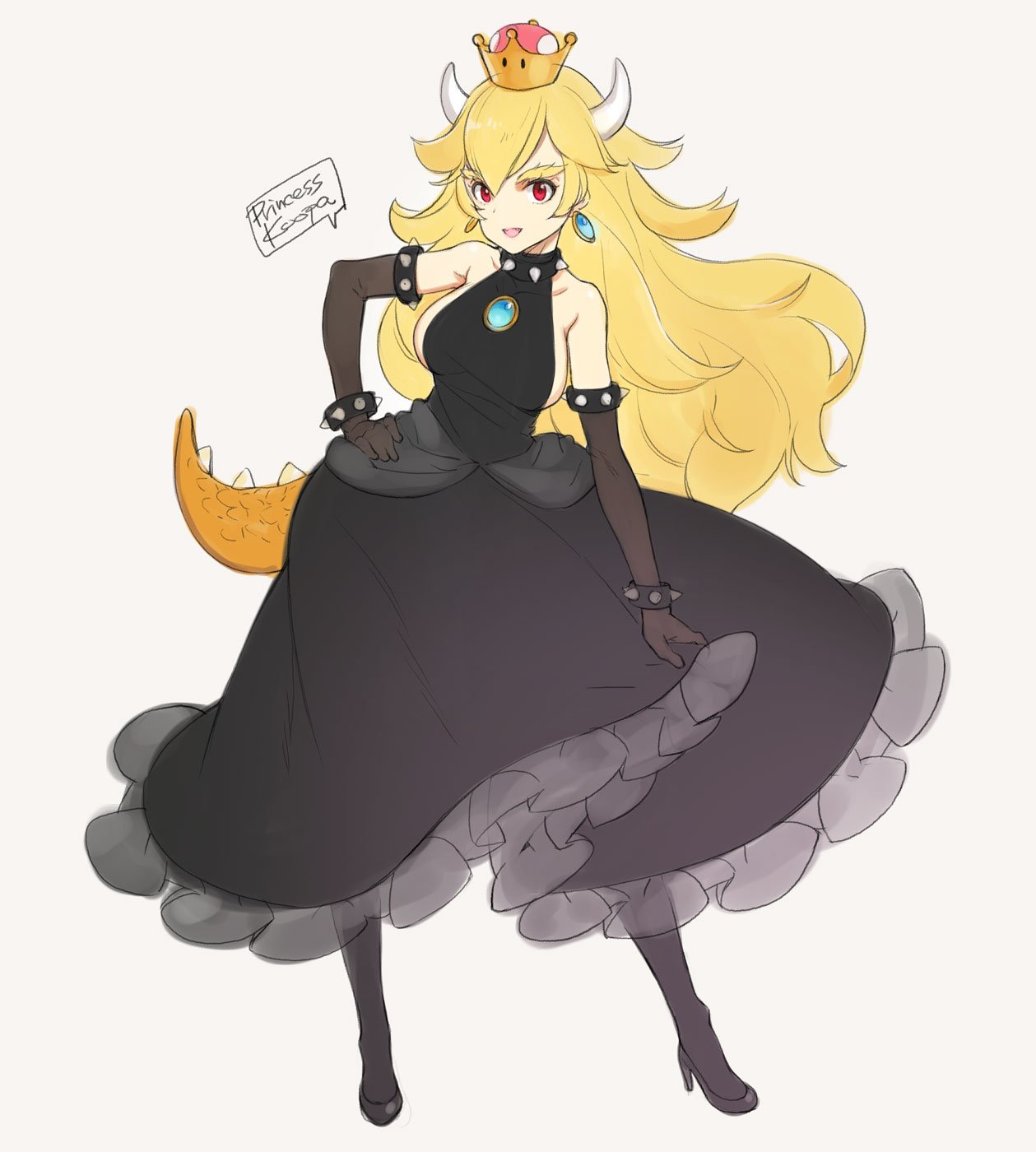 bare_shoulders black_dress black_footwear black_legwear blonde_hair bowsette bracelet breasts brown_gloves character_name collar commentary_request contrapposto crown dress earrings elbow_gloves full_body gloves grey_background high_heels highres horns jewelry large_breasts lizard_tail long_dress long_hair mario_(series) new_super_mario_bros._u_deluxe ooyari_ashito pantyhose red_eyes sideboob simple_background smile solo spiked_bracelet spiked_collar spikes standing super_crown tail thick_eyebrows