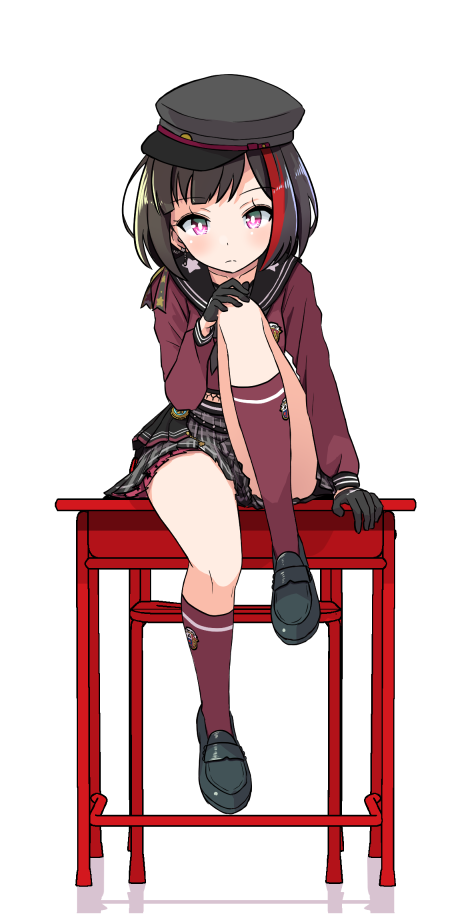 bang_dream! black_footwear black_gloves black_hair black_hat black_neckwear bob_cut chair desk frown gloves hand_on_own_knee hat knee_up kneehighs long_sleeves looking_at_viewer lost_one_no_goukoku_(vocaloid) miniskirt mitake_ran multicolored_hair neckerchief on_desk red_eyes red_hair red_legwear red_shirt school_chair school_desk school_uniform serafuku shipii_(jigglypuff) shirt shoes simple_background sitting sitting_on_desk skirt solo streaked_hair vocaloid white_background