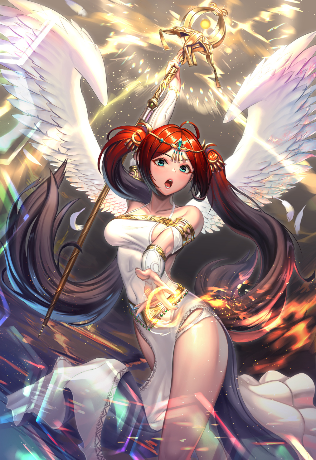 ahoge angel angel_wings bangs bare_shoulders blue_eyes blush breasts bridal_gauntlets brown_hair circlet commentary_request dress feathered_wings feathers gradient_hair hand_up highres holding large_breasts lens_flare long_dress long_hair looking_at_viewer magic moonandmist multicolored_hair open_mouth original parted_bangs pelvic_curtain red_hair side_slit solo spread_wings staff standing twintails very_long_hair white_dress white_wings wings