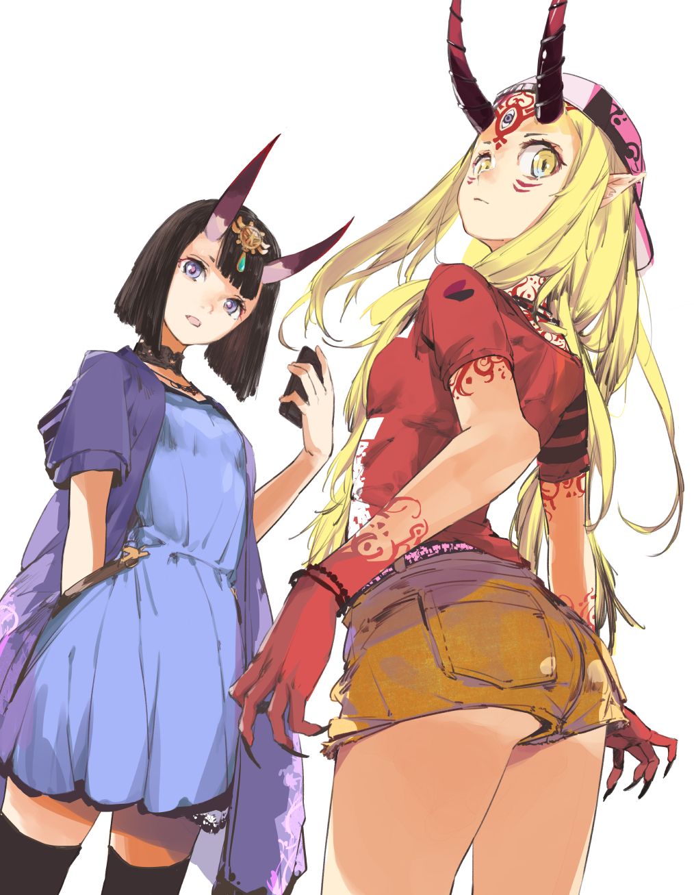 ass backwards_hat bangs baseball_cap belt black_hair black_legwear blonde_hair blue_dress blue_eyes bob_cut bracelet breasts casual choker commentary_request contemporary cowboy_shot dress facial_mark fate/grand_order fate_(series) fingernails from_behind gem hair_ornament hat head_tilt highres holding holding_phone horns ibaraki_douji_(fate/grand_order) jewelry kiriyama long_hair looking_at_viewer looking_back multiple_girls oni oni_horns open_mouth phone pointy_ears red_shirt sharp_fingernails shirt short_hair short_sleeves shorts shuten_douji_(fate/grand_order) simple_background small_breasts standing t-shirt tan tanline tattoo thighhighs third_eye white_background yellow_eyes