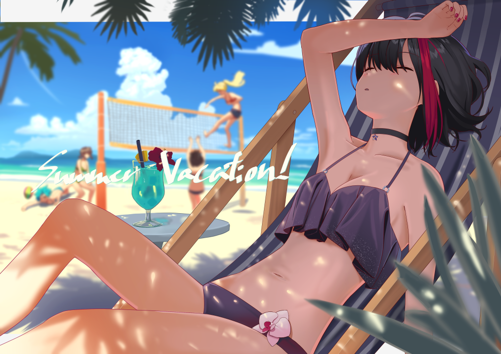 5girls arm_up armpits bang_dream! bangs bare_arms bare_shoulders beach beach_volleyball bikini black_bikini black_choker black_hair blonde_hair blue_hair blue_hawaii blue_sky blurry blurry_background breasts brown_hair choker cleavage cloud cloudy_sky collarbone commentary_request condensation_trail day deck_chair depth_of_field drink drinking_straw eyes_closed flower halterneck hand_on_own_head horizon hurricane_glass knee_up medium_breasts midair mitake_ran multicolored_hair multiple_girls nail_polish navel ocean outdoors palm_tree parted_lips plant poligon_(046) reclining red_hair red_nails short_hair sidelocks sky sleeping solo_focus star stomach streaked_hair swimsuit table tree tree_shade tropical_drink volleyball volleyball_net water white_flower