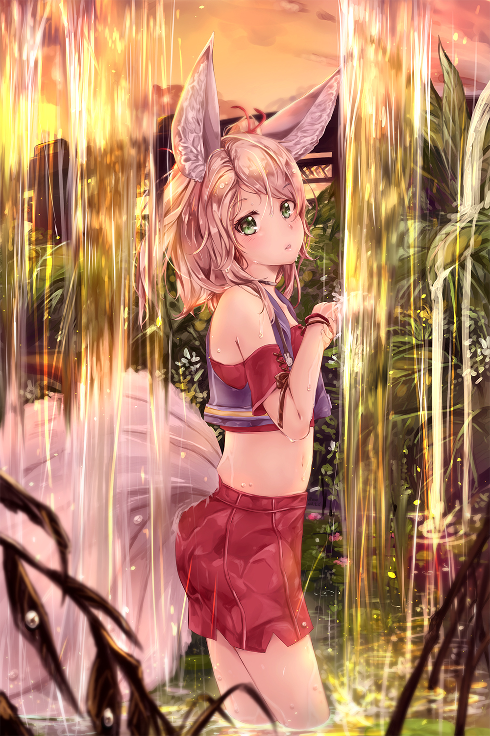 animal_ears blade_&amp;_soul brown_hair cloud commentary commission crop_top dusk fox_ears fox_tail from_side green_eyes highres hmw_(pixiv7054584) lyn_(blade_&amp;_soul) midriff multiple_tails navel outdoors red_shirt red_skirt shirt short_hair skirt sky solo tail two_side_up wading water waterfall