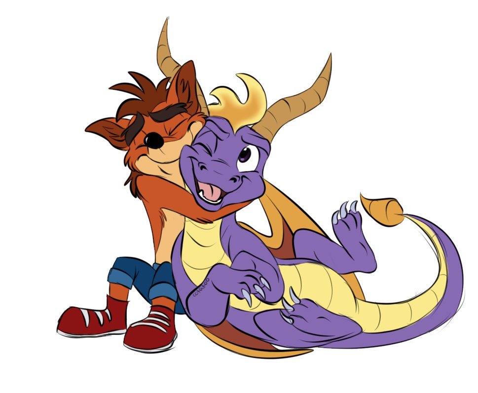 2018 all_fours anthro bandicoot black_nose canine claws clothing cotatoo crash_bandicoot crash_bandicoot_(series) cute digital_media_(artwork) dragon duo eyes_closed feral footwear fur horn hug male mammal marsupial open_mouth purple_eyes purple_skin scalie shoes simple_background smile spyro spyro_the_dragon teeth toe_claws video_games western_dragon white_background wings