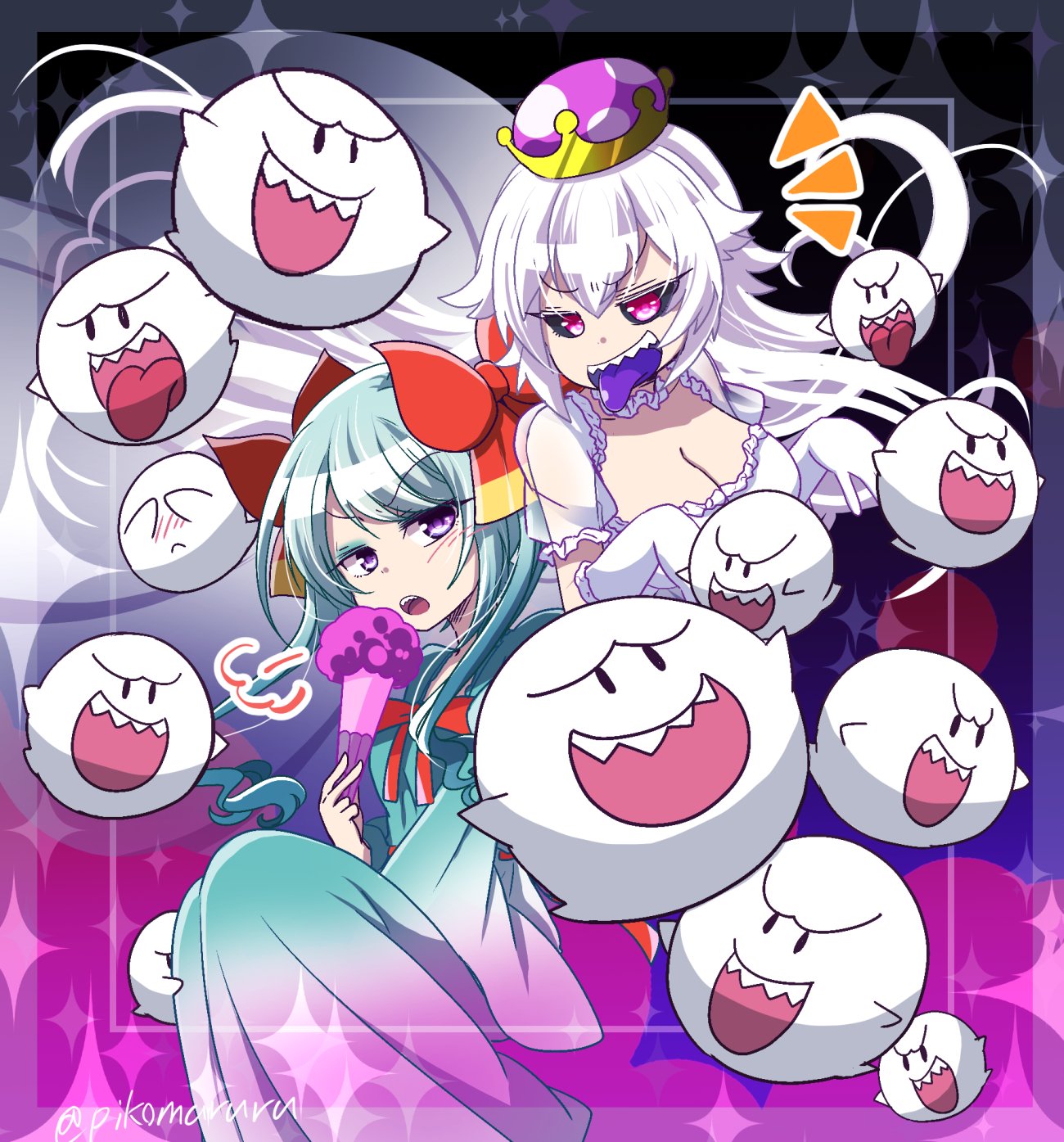 black_sclera boo bow breasts cleavage crown dress fan gloves green_dress green_hair grin hair_bow highres jewelry luigi's_mansion mario_(series) monster_girl multiple_girls new_super_mario_bros._u_deluxe paper_mario pina710 princess_king_boo resaresa sharp_teeth smile super_crown super_mario_bros. teeth