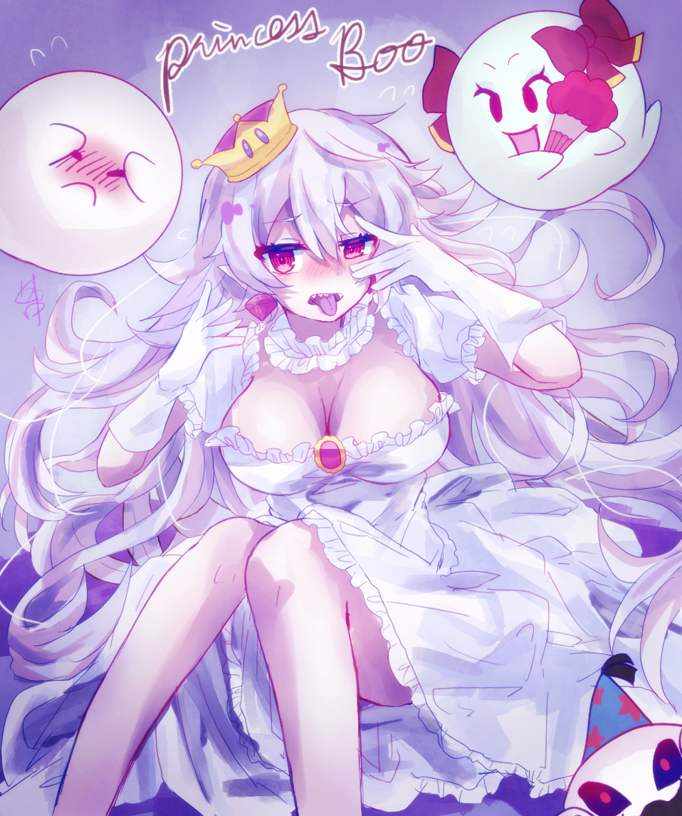 bangs blush boo breasts brooch cleavage crown doopliss dress earrings eyebrows_visible_through_hair ghost gloves hair_between_eyes jewelry knees_together_feet_apart large_breasts long_hair luigi's_mansion mario_(series) new_super_mario_bros._u_deluxe nose_blush otouyu paper_mario pointy_ears princess_king_boo puffy_short_sleeves puffy_sleeves purple_tongue red_eyes resaresa sharp_teeth short_sleeves solo super_crown super_mario_bros. teeth tongue tongue_out uneven_eyes very_long_hair white_dress white_gloves white_hair