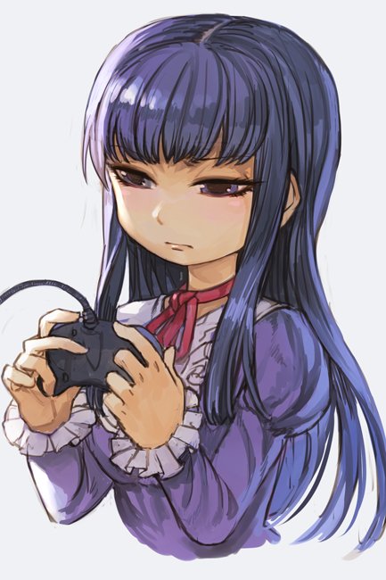 bangs closed_mouth controller cropped_torso frills game_controller hankuri high_score_girl holding holding_controller long_hair long_sleeves oono_akira puffy_long_sleeves puffy_sleeves purple_eyes purple_hair red_ribbon ribbon simple_background solo upper_body white_background
