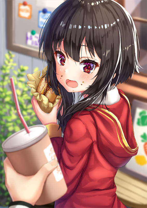 :d bangs black_hair blurry blurry_background blush cheese commentary_request cup day depth_of_field disposable_cup drink drinking_straw eating eyelashes food food_on_face hamburger hands_up holding holding_food hood hood_down hoodie kono_subarashii_sekai_ni_shukufuku_wo! long_sleeves looking_at_viewer looking_back megumin open_mouth outdoors pensuke plant pov pov_hands red_eyes red_shirt shiny shiny_hair shirt short_hair_with_long_locks sidelocks sign smile solo_focus sticky_note window wrapper