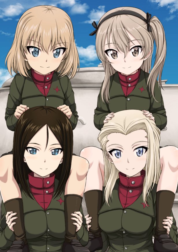 4girls alternate_costume bangs black_footwear black_hair black_legwear black_ribbon black_skirt blonde_hair blue_eyes blue_sky brown_eyes carrying clara_(girls_und_panzer) closed_mouth cloud cloudy_sky commentary_request day emblem eyebrows_visible_through_hair girls_und_panzer green_jacket hair_ribbon inoshira jacket katyusha light_brown_hair loafers long_hair long_sleeves looking_at_viewer miniskirt multiple_girls nonna outdoors pleated_skirt pravda_school_uniform red_shirt ribbon school_uniform shimada_arisu shirt shoes short_hair shoulder_carry side_ponytail skirt sky smile socks standing swept_bangs turtleneck