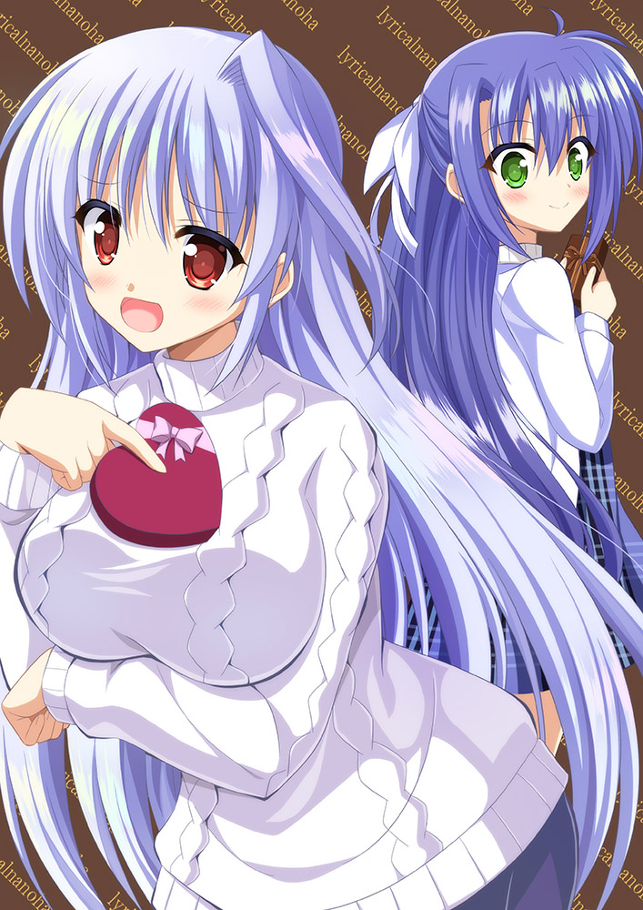 :d aran_sweater background_text blush box breast_hold breasts brown_background commentary_request empty_eyes endori gift gift_box ginga_nakajima green_eyes hair_ribbon heart-shaped_box jealous large_breasts leaning_forward long_hair looking_back lyrical_nanoha mahou_shoujo_lyrical_nanoha mahou_shoujo_lyrical_nanoha_a's mahou_shoujo_lyrical_nanoha_strikers multiple_girls open_mouth plaid plaid_skirt purple_hair red_eyes reinforce ribbon silver_hair skirt smile sweater turtleneck valentine very_long_hair white_ribbon white_sweater