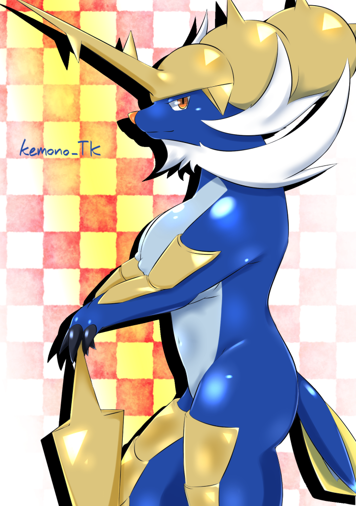 anthro big_breasts biped blue_belly blue_body breasts checkered_background claws eyelashes facial_hair female horn looking_at_viewer mammal melee_weapon mustelid navel nintendo nude pattern_background pok&eacute;mon pok&eacute;mon_(species) samurott scalchop simple_background solo standing sword video_games weapon ツナ缶