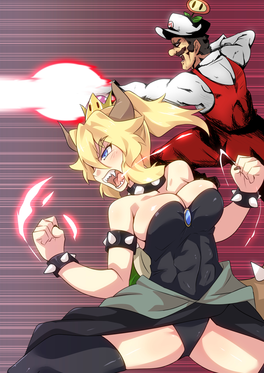 1girl abs action alternate_color bangs bare_shoulders black_legwear black_leotard black_nails black_skirt blonde_hair blush borrowed_character bowsette bracelet breasts brooch brown_hair cabbie_hat cleavage clenched_hands clenched_teeth collar commentary_request cowboy_shot earrings energy energy_beam eyebrows eyebrows_visible_through_hair eyelashes fangs fighting_stance fire_flower firing from_side gloves glowing gradient gradient_background hair_between_eyes hand_on_hip hand_up hat highres horns jewelry layered_clothing leotard light_blue_eyes light_trail long_sleeves looking_afar mario mario_(series) medium_breasts muscle nail_polish new_super_mario_bros._u_deluxe no_pupils outline overalls ponytail profile red_background red_overalls roaring sangue_llia sharp_nails sharp_teeth shiny shiny_clothes shiny_hair shiny_skin shirt short_hair sidelocks skindentation skirt spiked_bracelet spiked_collar spiked_shell spikes strapless strapless_leotard super_crown teeth thighs toned tsurime white_gloves white_hat white_shirt
