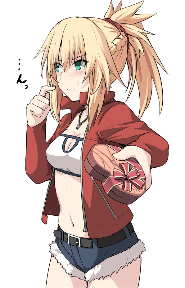 1girl blonde_hair box braid breasts cleavage collarbone cutoff_jeans cutoffs denim denim_shorts fate/grand_order fate_(series) french_braid gift gift_box giving green_eyes hair_ornament hair_scrunchie heart-shaped_box jacket jewelry light_frown looking_away medium_hair midriff mordred_(fate) mordred_(fate)_(all) navel necklace open_clothes open_jacket ponytail red_jacket scrunchie shiseki_hirame short_shorts shorts small_breasts solo spiked_hair sweatdrop valentine white_background